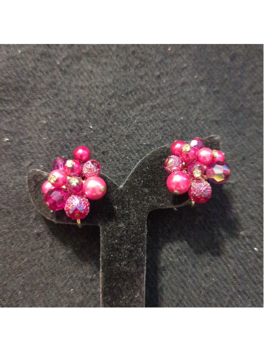 Vintage Vendome Gold Tone Pink Beaded Cluster Clip-On Statement Earrings